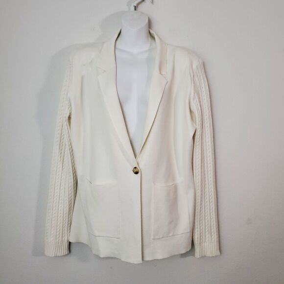 Como Vintage Cardigan Blazer XL Ivory White Knit Cable Sleeves Preppy Classic - Picture 2 of 10